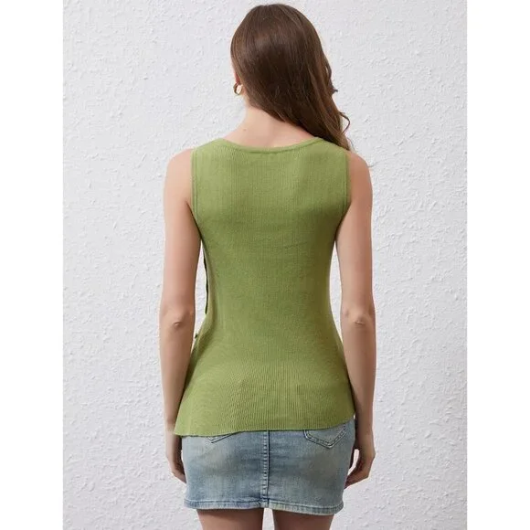 Women's Ribbed Knit Tank Top Slim Fit Sleeveless Side Button Slit Casual - Picture 3 of 5
